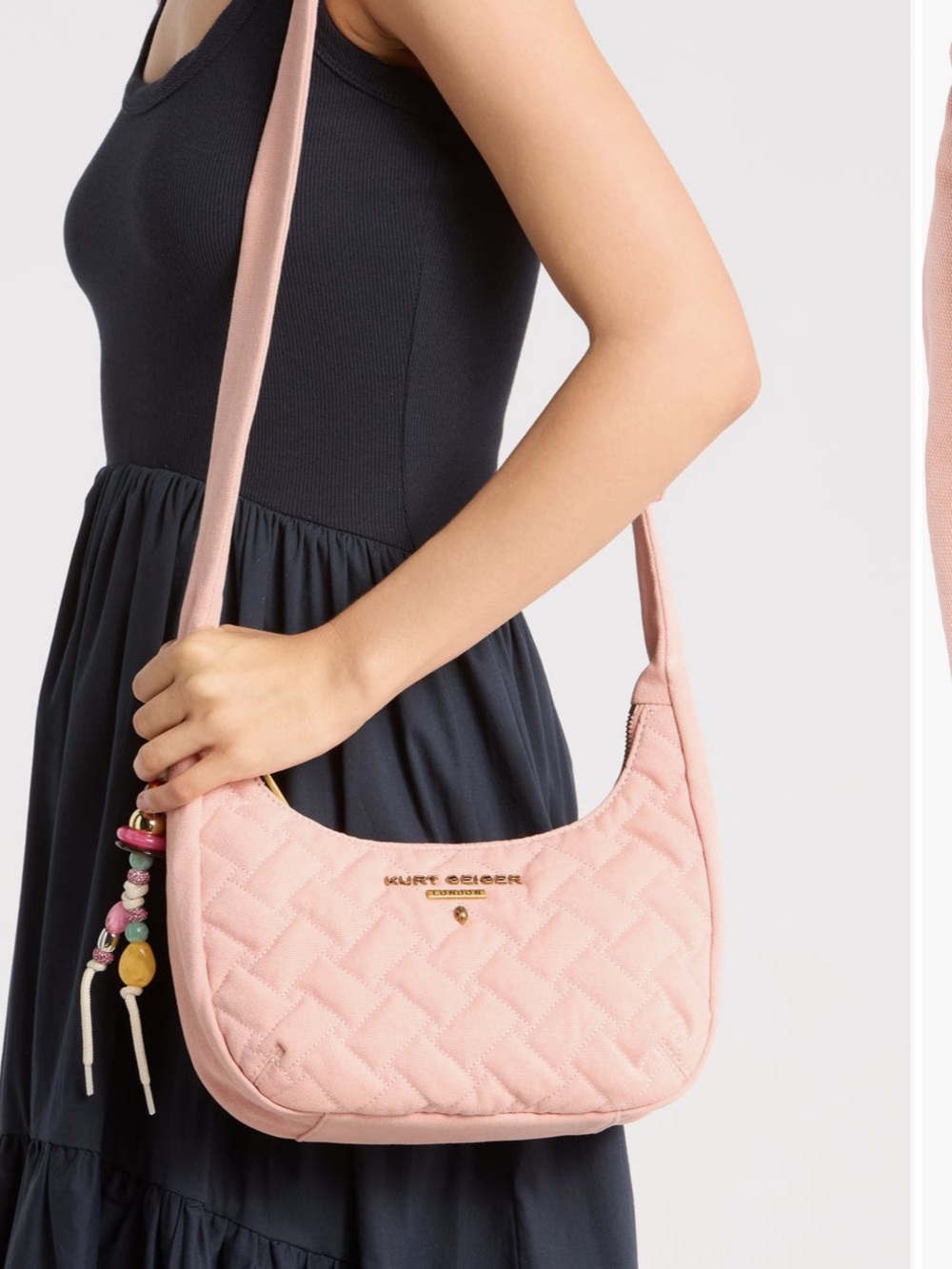 Kurt Geiger Quilted Light Pink Shoulder Bag with Beaded Charm